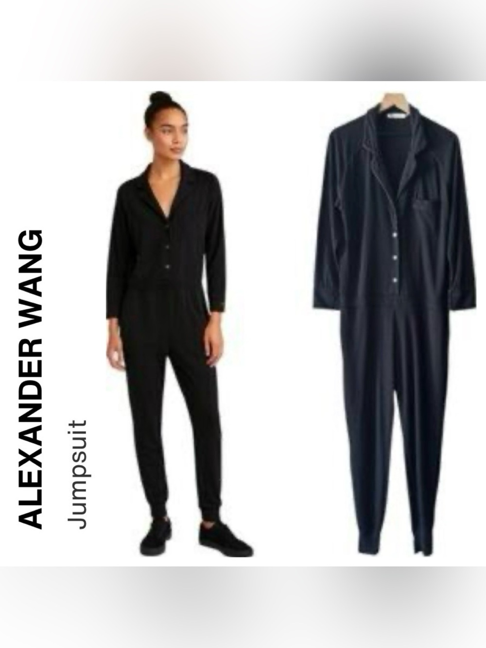 T - ALEXANDER WANG Women's Long-Sleeve Button Down Jumpsuit With Leather Accents